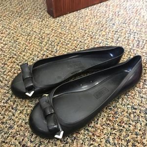 JCrew black rubber rain wellie flats with gold bow